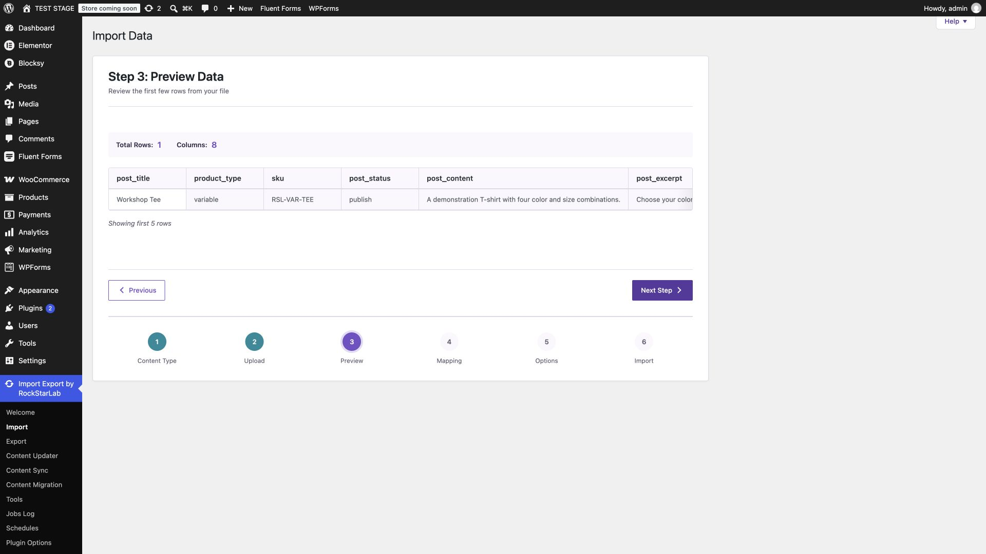 Import preview showing one parent row and eight columns including attributes and variations