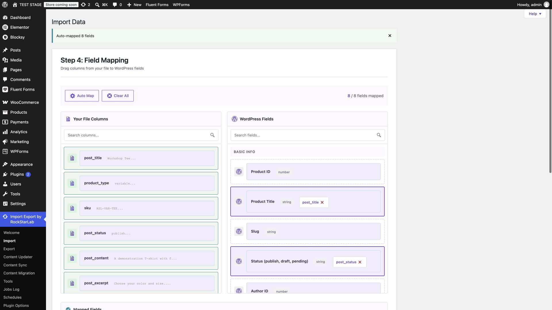 WooCommerce field mapping after automatically mapping eight source columns