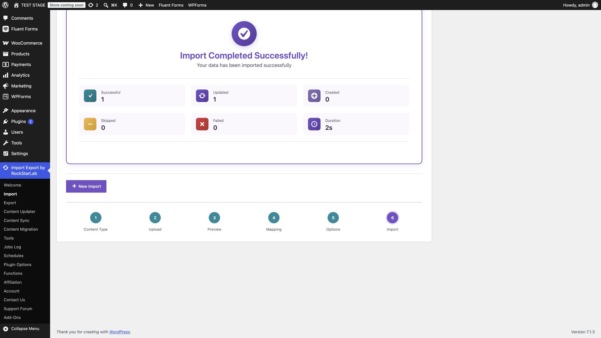Completed repeat import reporting one updated and zero created or failed