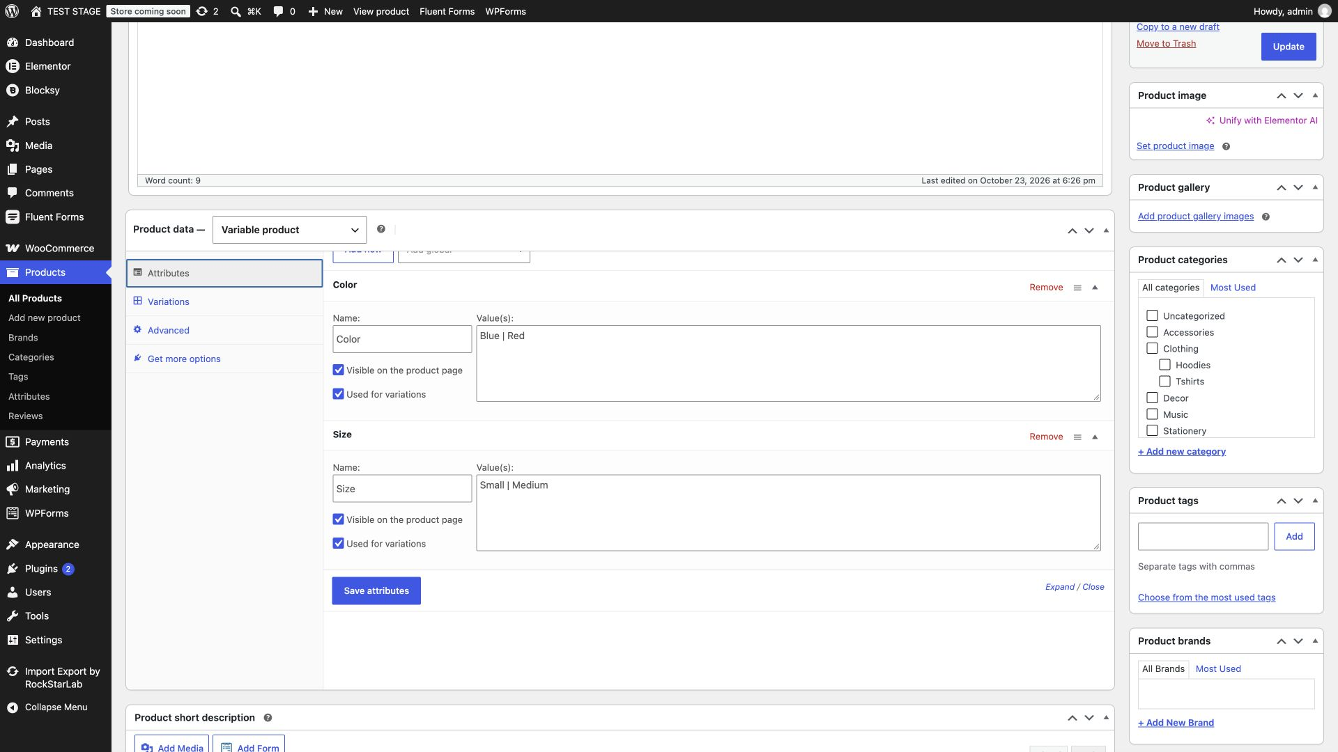 WooCommerce attributes editor with Color and Size enabled for variations