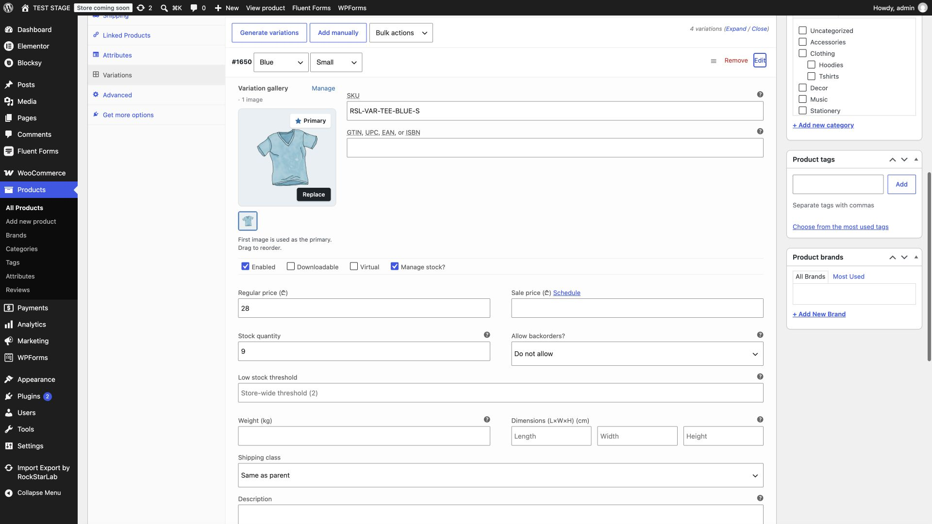 Blue Small variation editor showing SKU, image, price 28, stock nine and backorders disabled