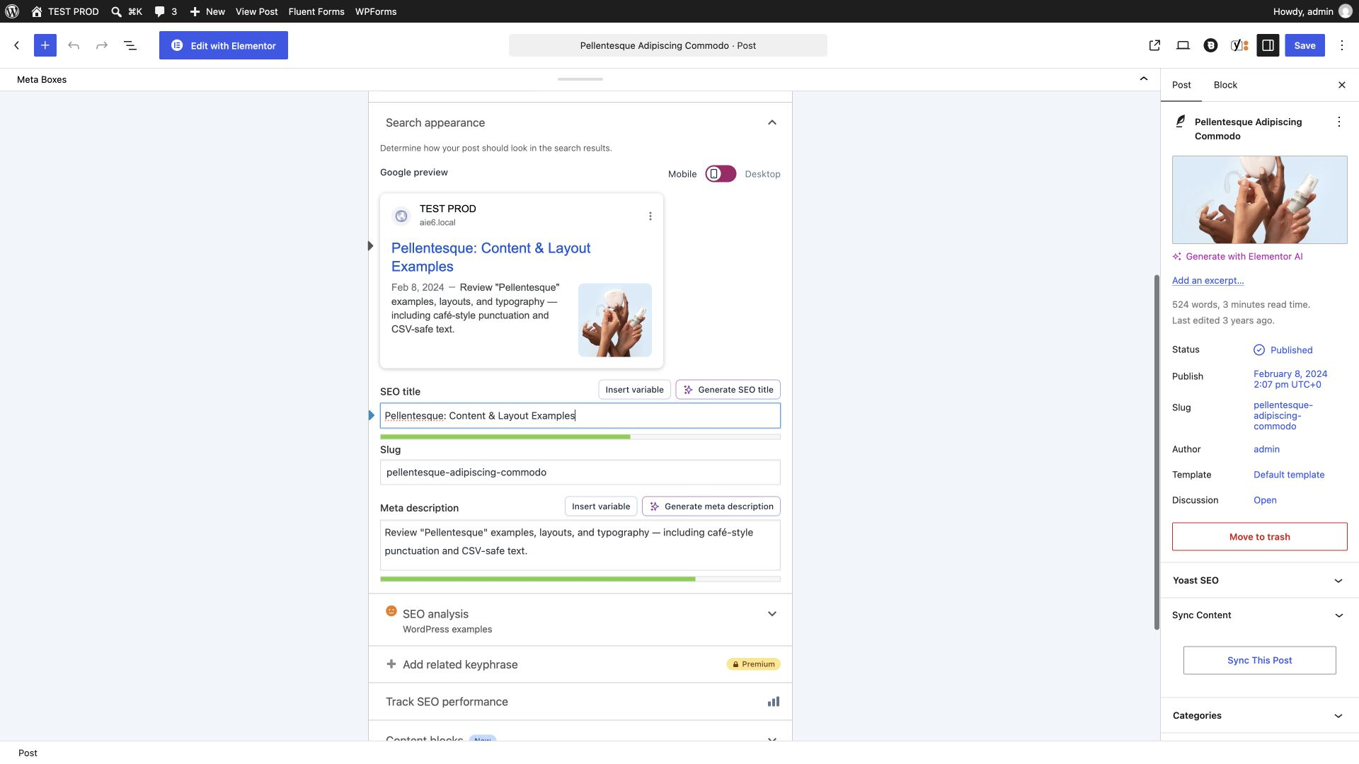 Yoast Search appearance panel showing the saved SEO title and meta description for a test post