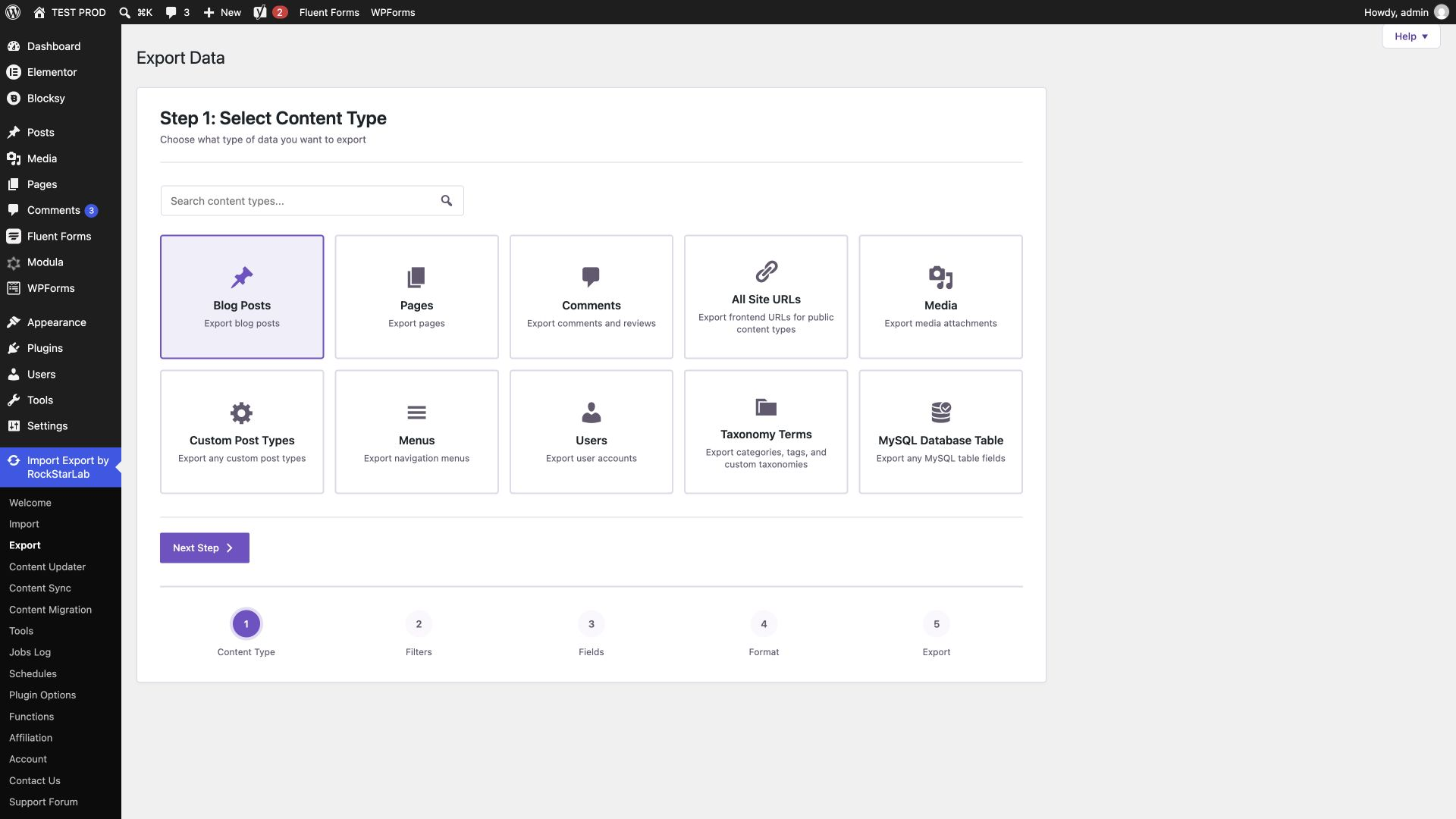 Import Export by RockStarLab export wizard with Blog Posts selected