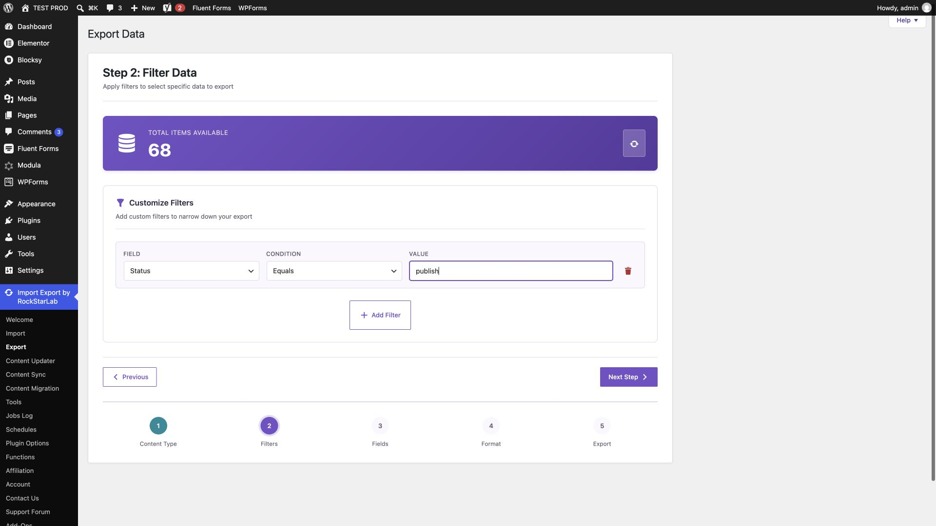 Export filter configured with Status Equals publish