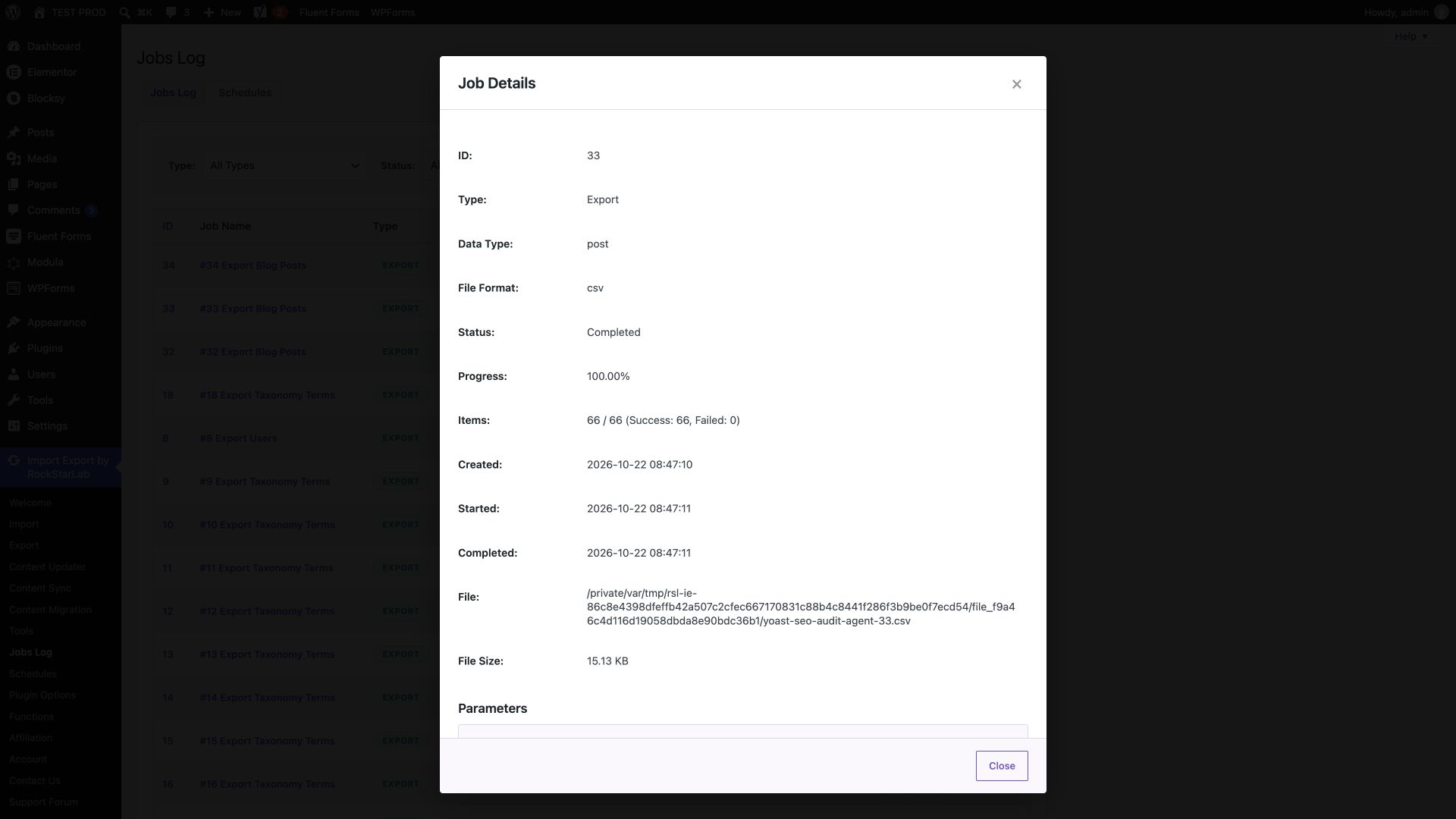 WordPress Jobs Log details for AI export job 33 showing 66 successful records and 15.13 KB